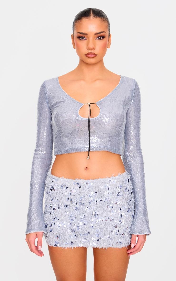 Blue Grey Faux Feather Sequin Micro Mini Skirt Product Image