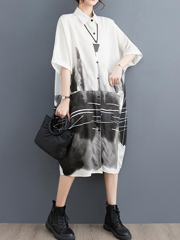 Half Sleeves Loose Printed Lapel Midi Dresses Product Image