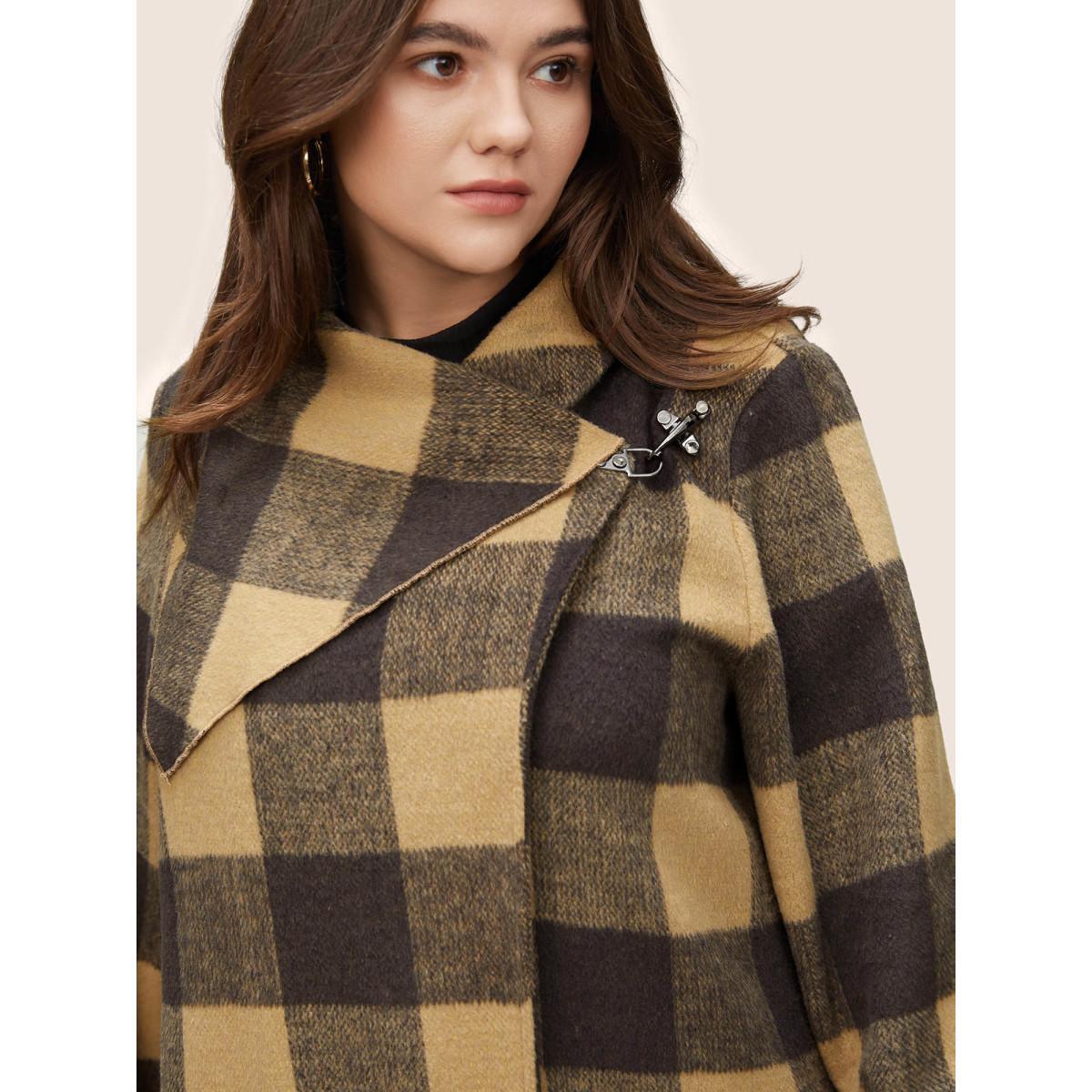 Plus Size Plaid Buckle Detail Asymmetrical Hem Coat Women DarkBrown Casual Contrast Ladies Dailywear Winter Coats BloomChic 10/M Product Image