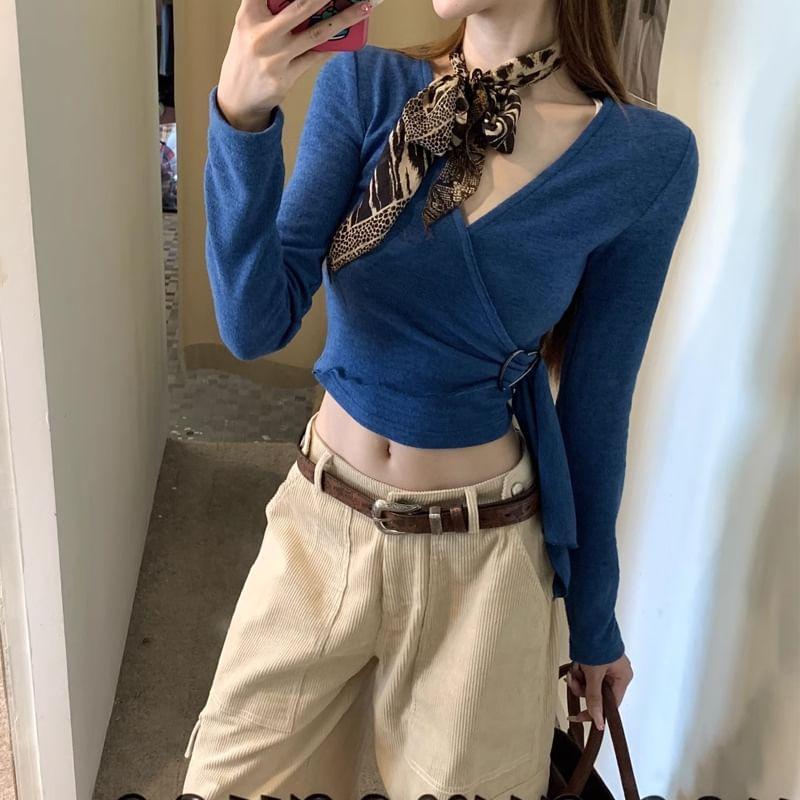 Long-Sleeve V-Neck Plain Wrap Crop Tee Product Image