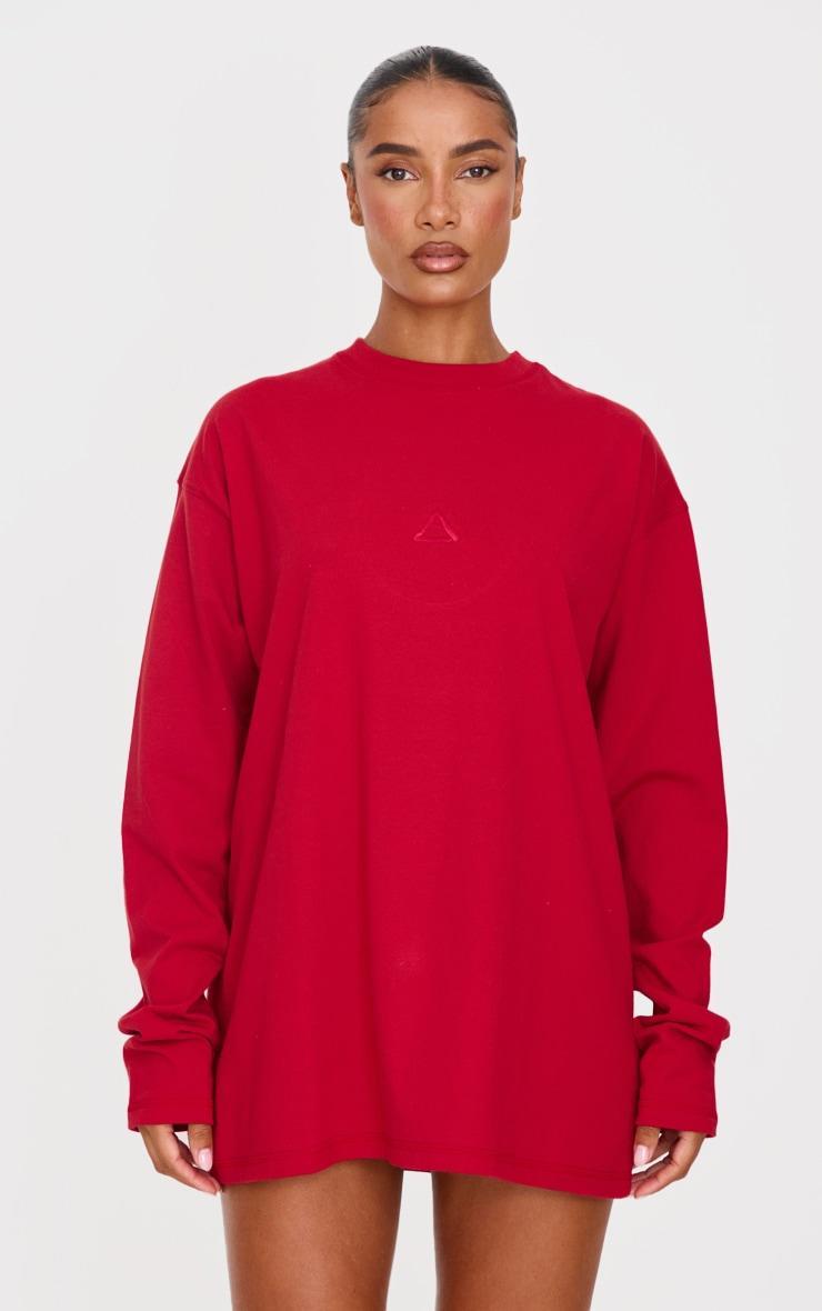 Dark Red Print Oversized Long Sleeve T-Shirt Product Image