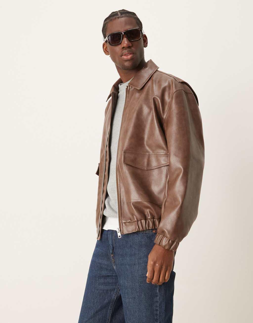 ASOS DESIGN faux leather oversized harrington jacket in distressed brown Product Image