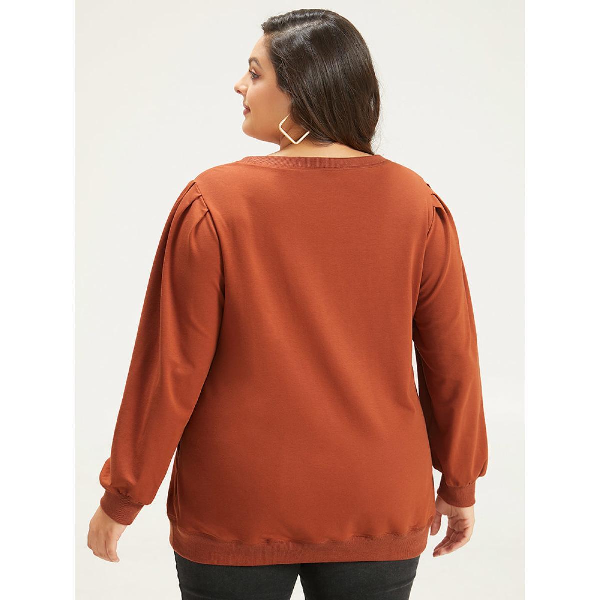 Plus Size Solid Pleated Detail Elastic Cuffs Sweatshirt Women Rust Casual Elastic cuffs Round Neck Dailywear Sweatshirts BloomChic 12/L Product Image