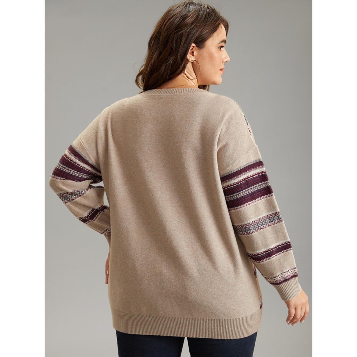 Plus Size Supersoft Essentials Striped Print Drop Shoulder Pullover LightBrown Women Casual Loose Long Sleeve Deep V-neck Everyday Pullovers BloomChic 10/M Product Image