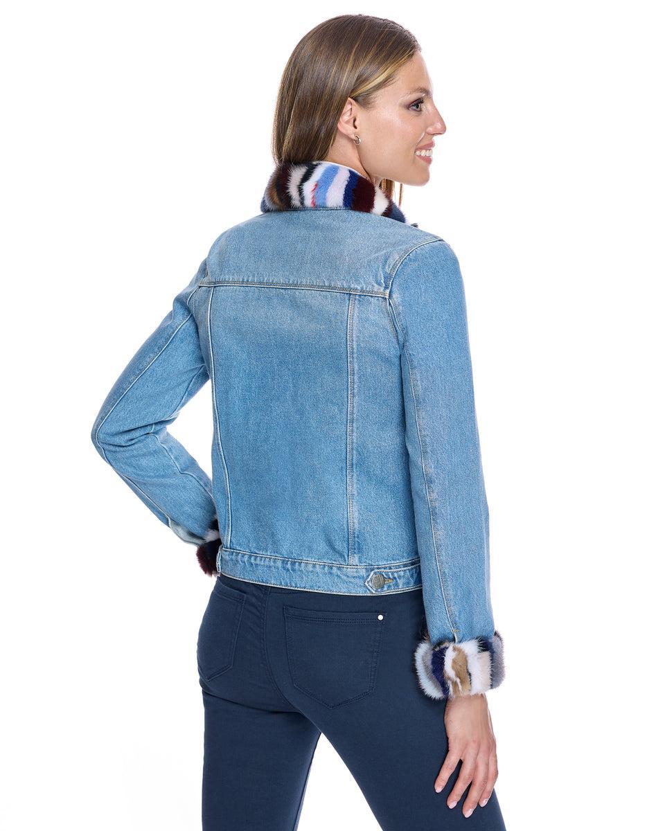Denim Jacket with mink collar and cuff Product Image