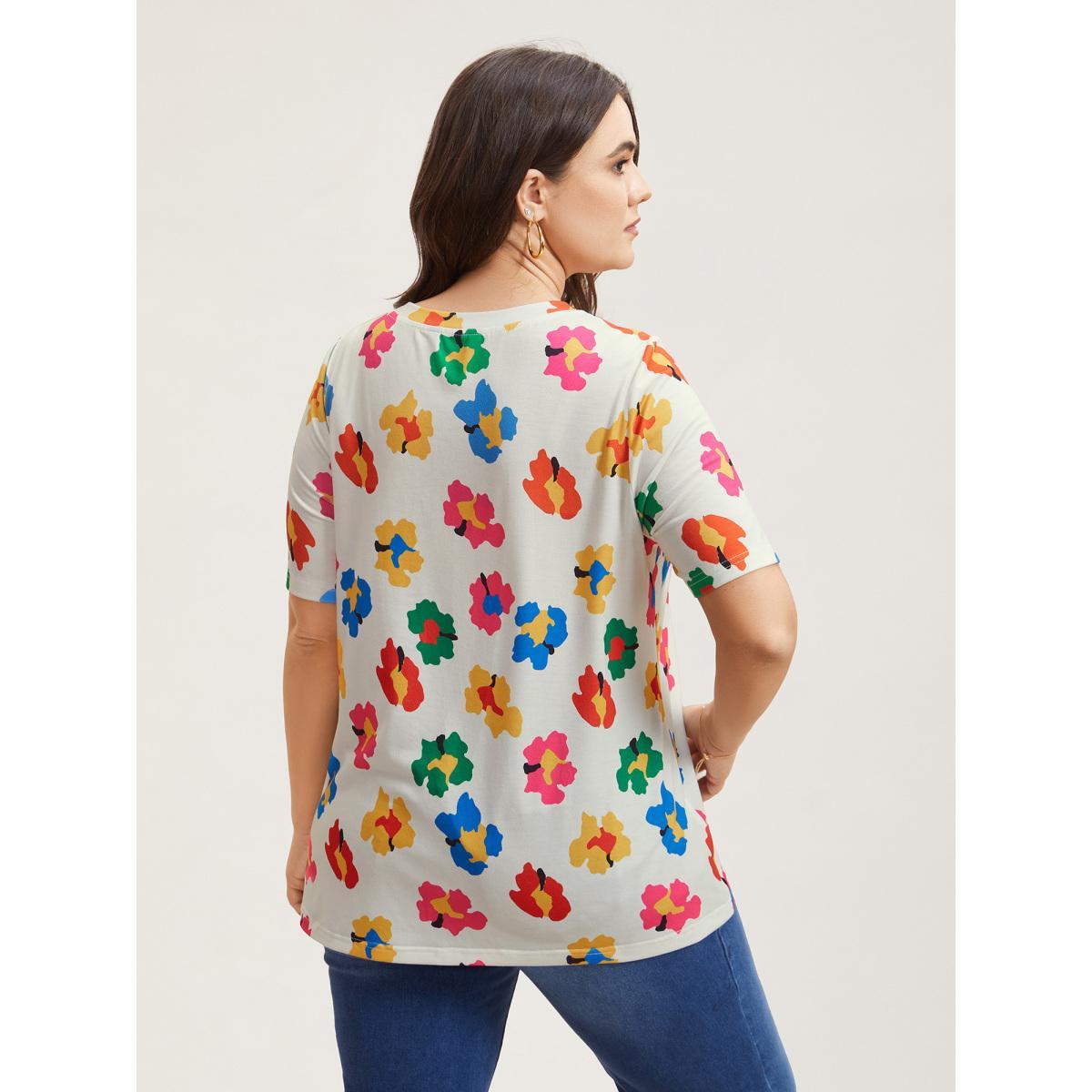 Plus Size Multi-Color Floral Print Fitted T-Shirt Multicolor Women Casual Non Round Neck Everyday T-shirts BloomChic 22-24/3X Product Image