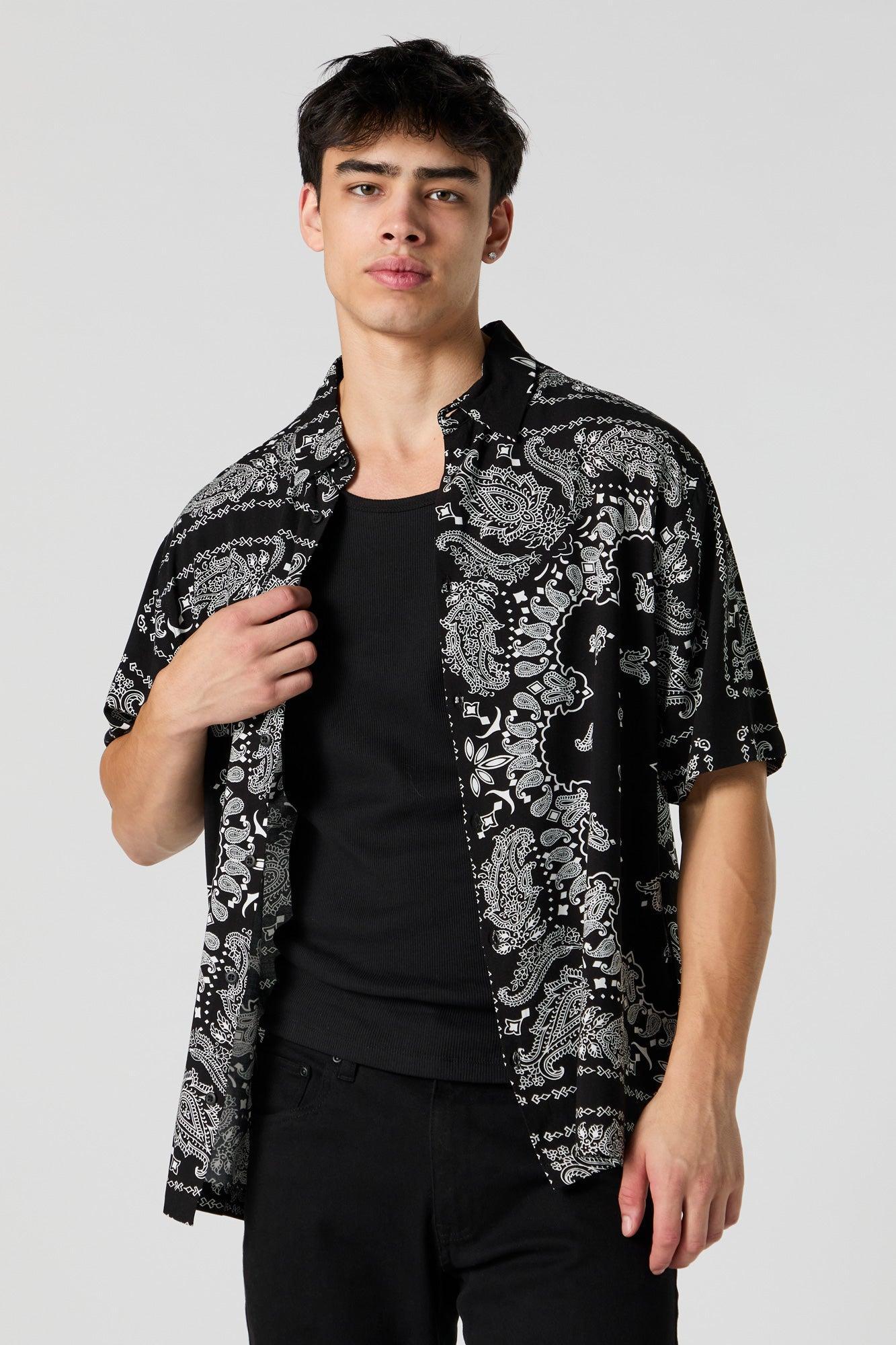 Black and White Print Button-Up Top Male Product Image