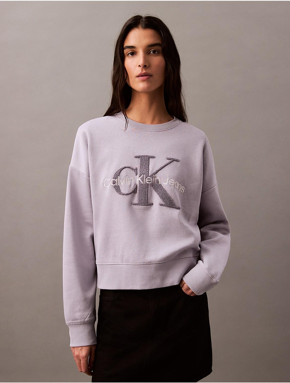 Calvin Klein Womens Chenille Monogram Logo Fleece Crewneck Sweatshirt - Black - XS Product Image