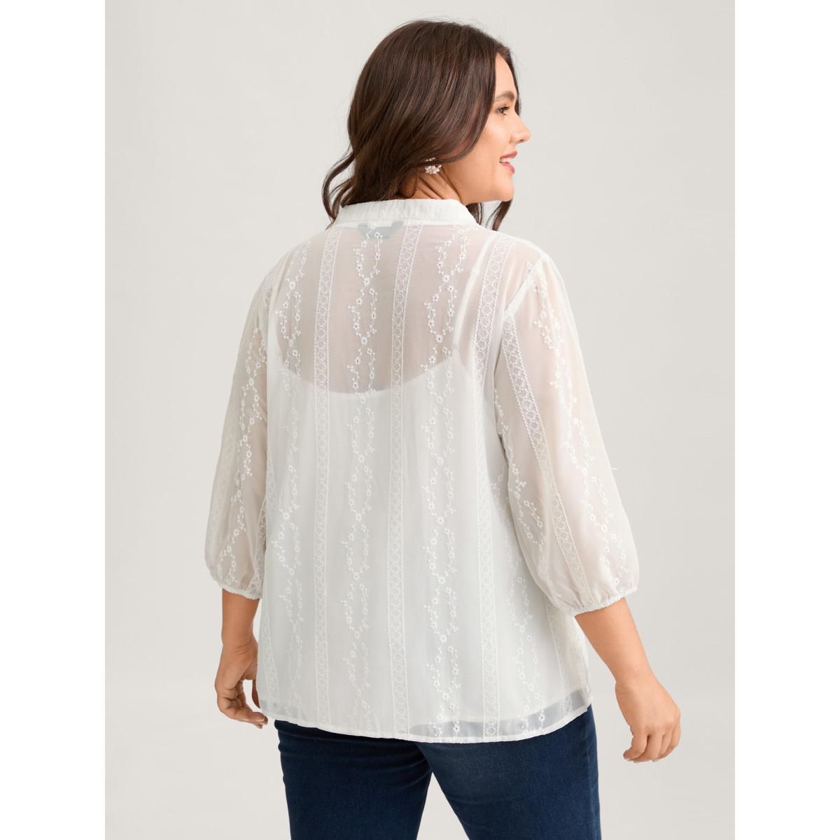 Plus Size Originalwhite Texture Mesh Button Detail Tucked Seam Blouse Women Timeless Elbow-length sleeve V-neck Elegant Blouses BloomChic 28/5X Product Image