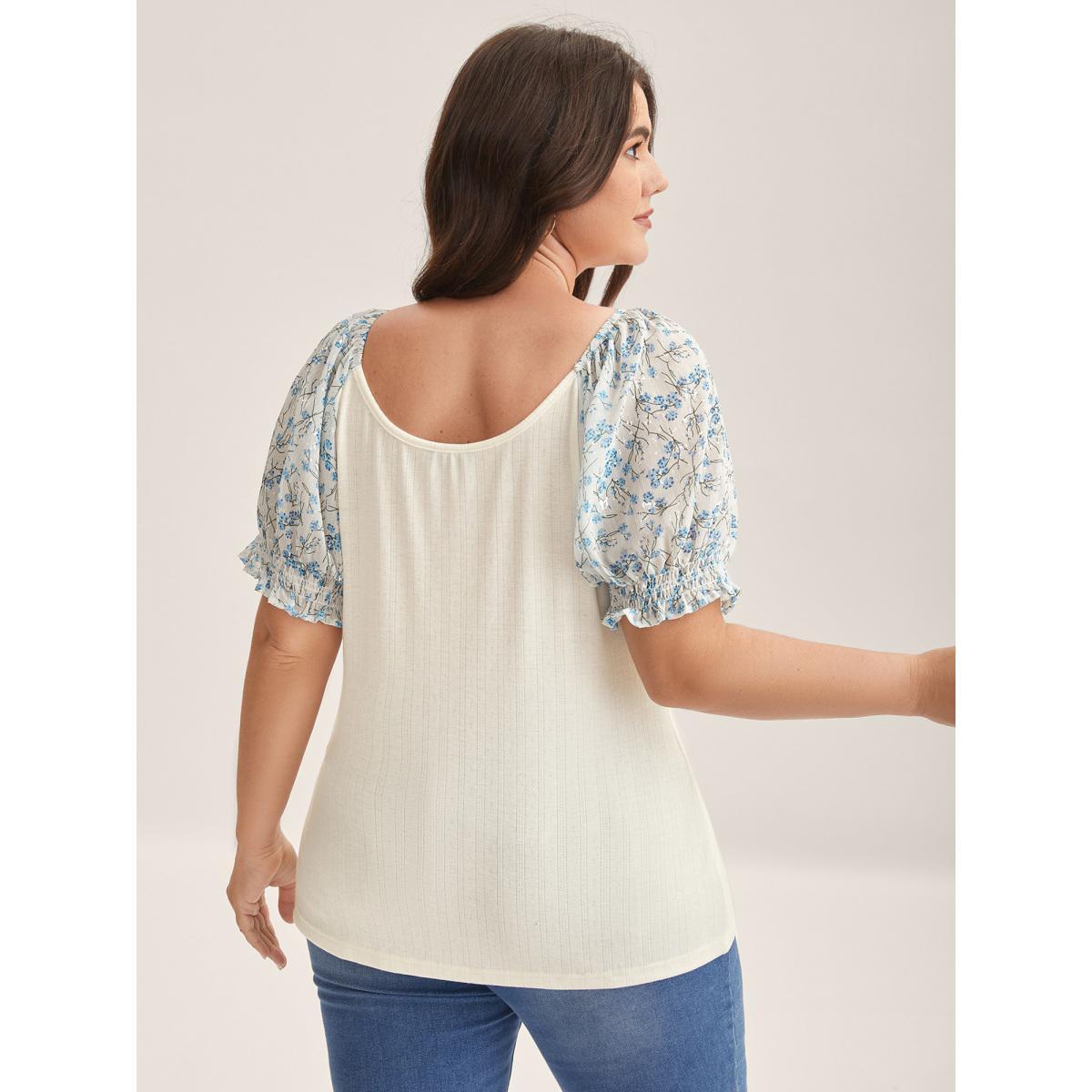 Plus Size Floral Puff Sleeve Textured T-Shirt Beige Women Timeless Texture U-neck Elegant T-shirts BloomChic 28/5X Product Image