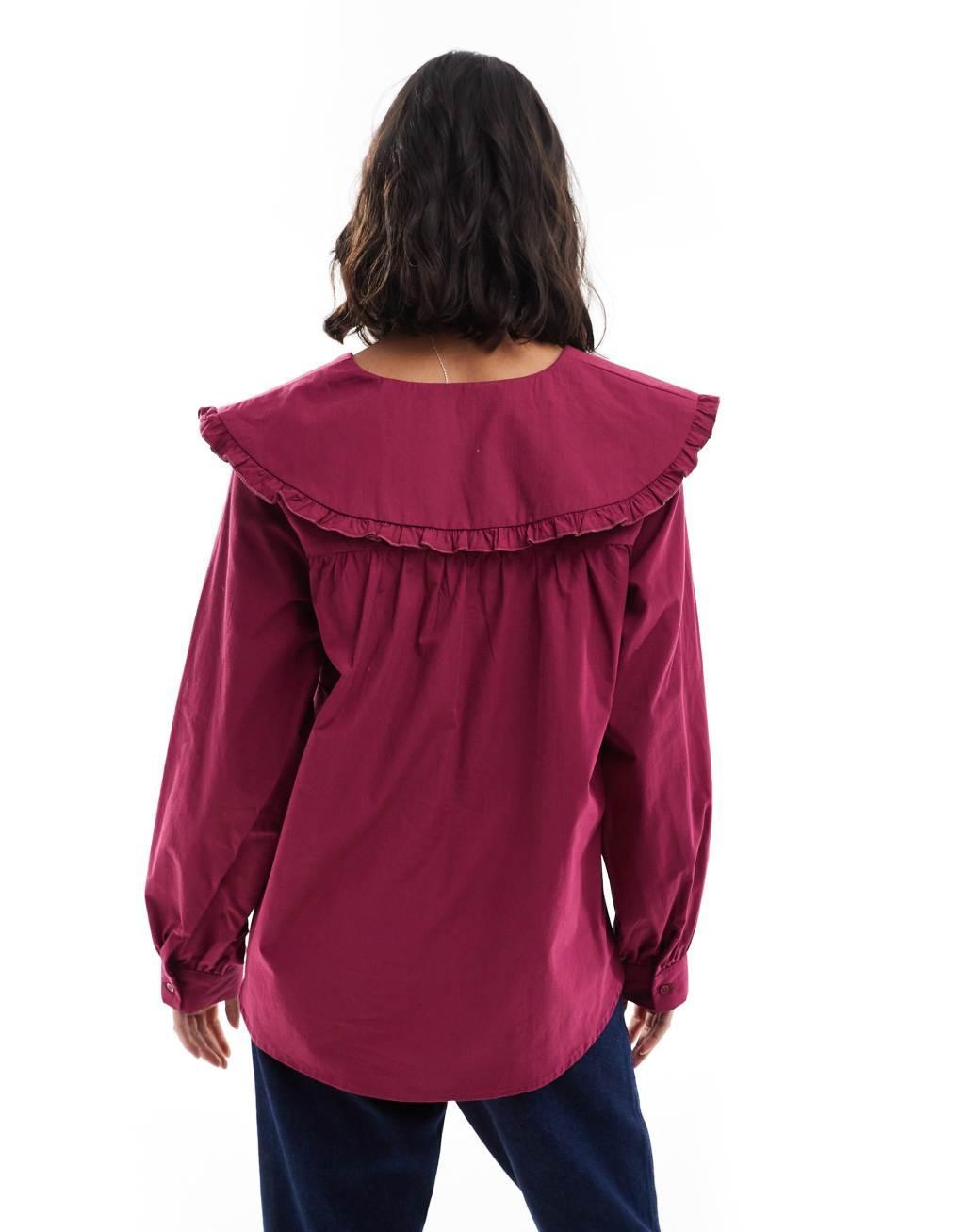 ASOS DESIGN oversized shirt with plunge pie crust collar in burgundy Product Image