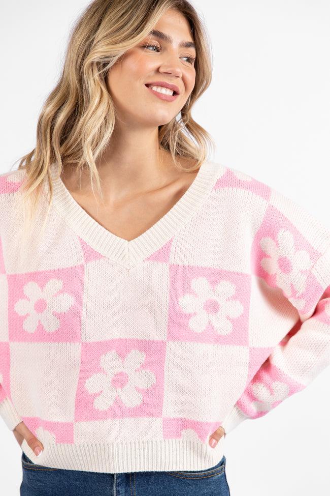 Found A New Way Pink V-Neck Checkered Flower Sweater SALE Product Image