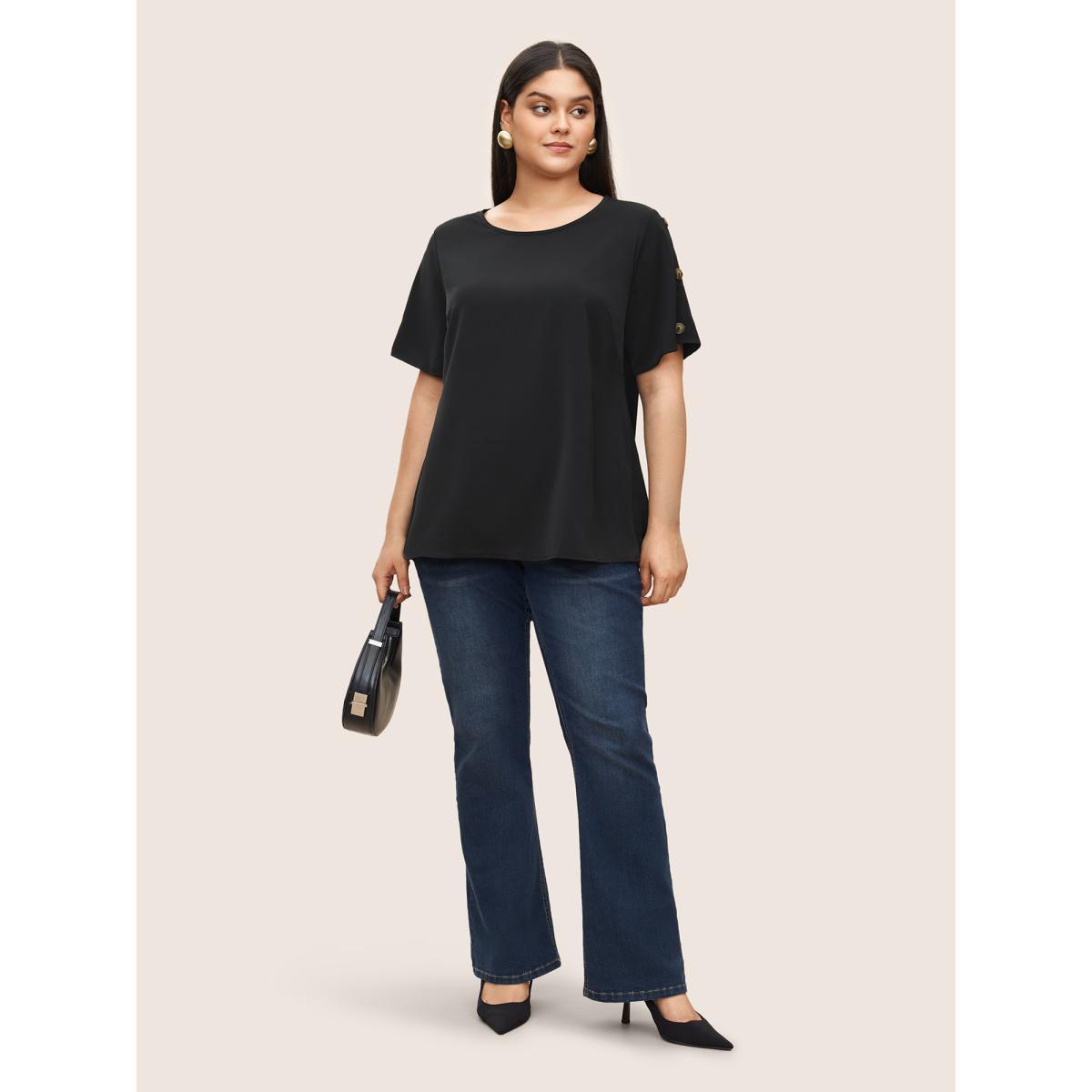 Plus Size Black Plain Round Neck Button Detail Blouse Women Casual Short sleeve Round Neck Everyday Blouses BloomChic 10/M Product Image