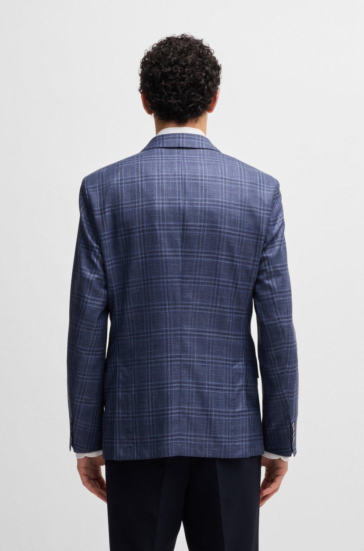 BOSS - Slim-fit blazer in checked virgin wool, silk and linen - Blue Product Image