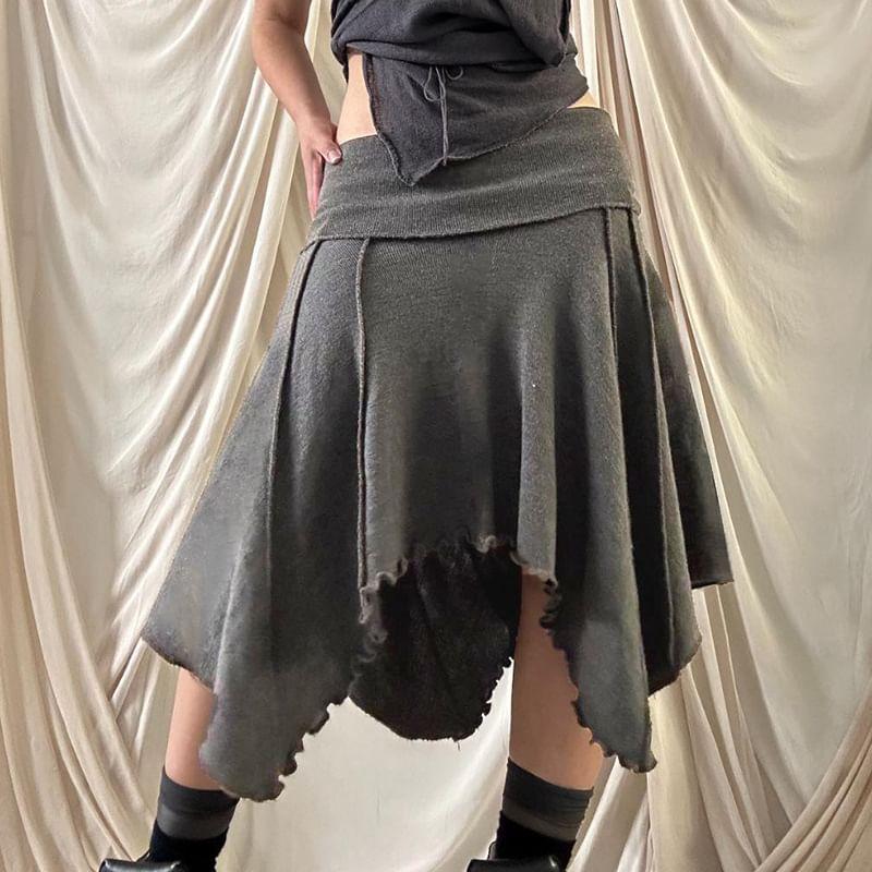 Low Waist Plain Paneled Ruffled-Trim Asymmetric-Hem Midi Skirt Product Image