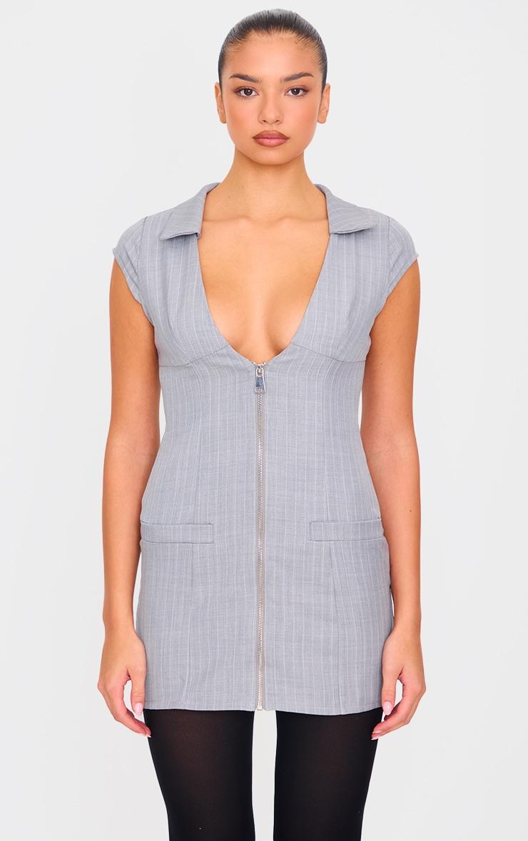 Grey Pinstripe Pocket Detail Zip Up Mini Dress Product Image