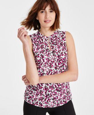 Kasper Womens Printed Keyhole-Neck Sleeveless Top - Vanilla Ice Product Image