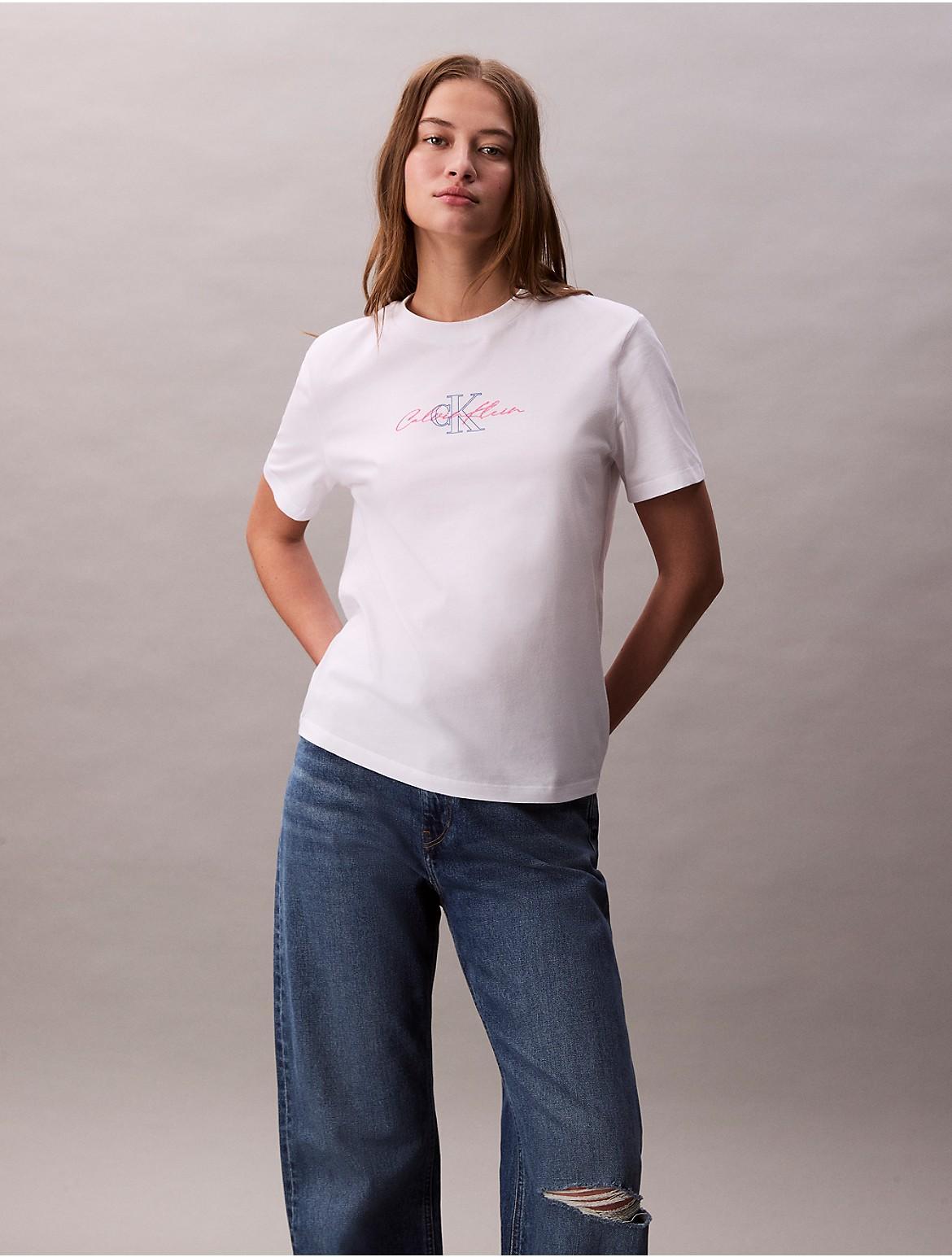 Calvin Klein Womens Script Logo Graphic Classic T-Shirt - White Product Image