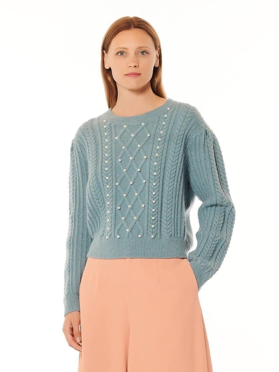 Bead Embellished Long Sleeve Cable-Knit Sweater Product Image