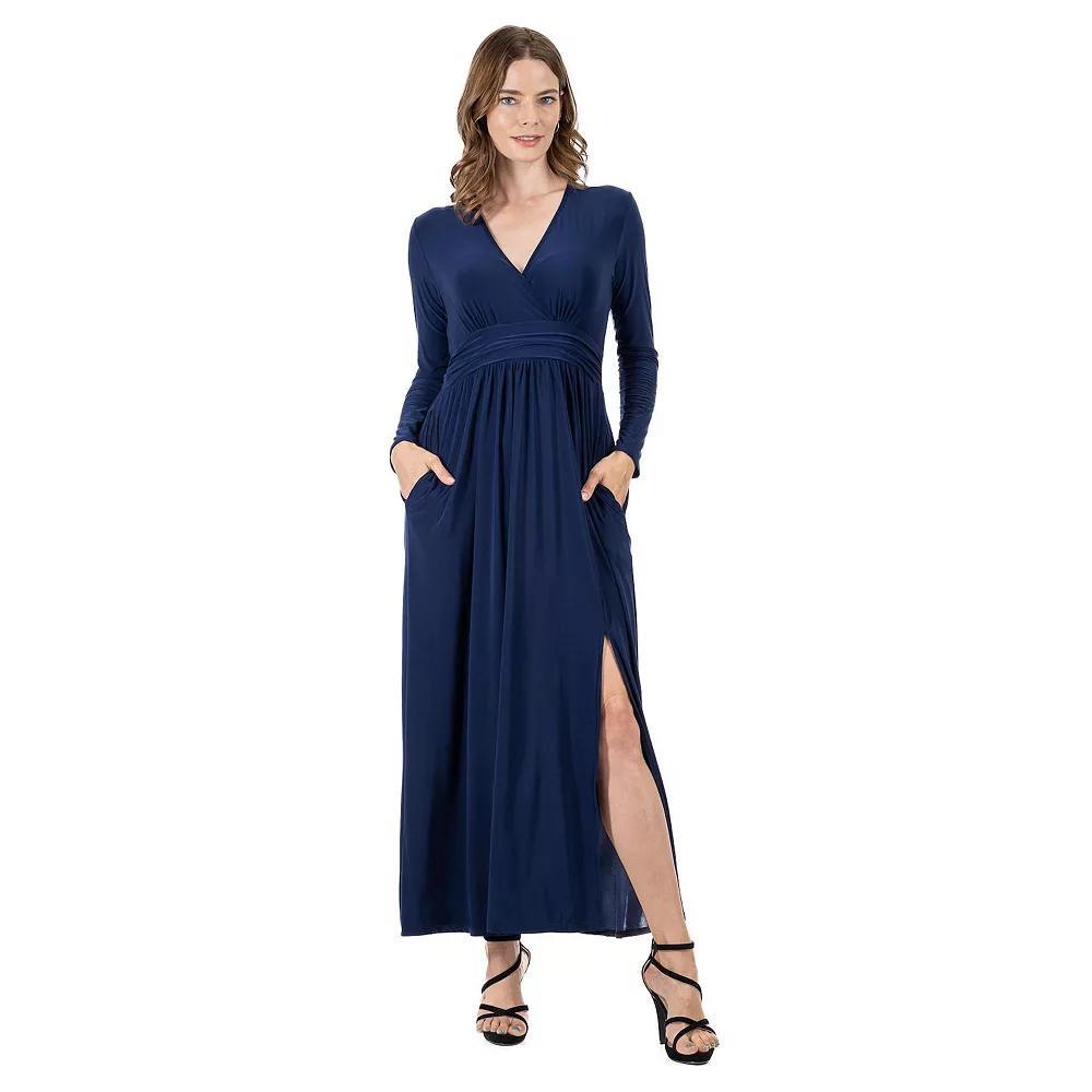 Women's 24Seven Comfort Apparel Long Sleeve V-Neck Side Slit Maxi Dress,  Product Image