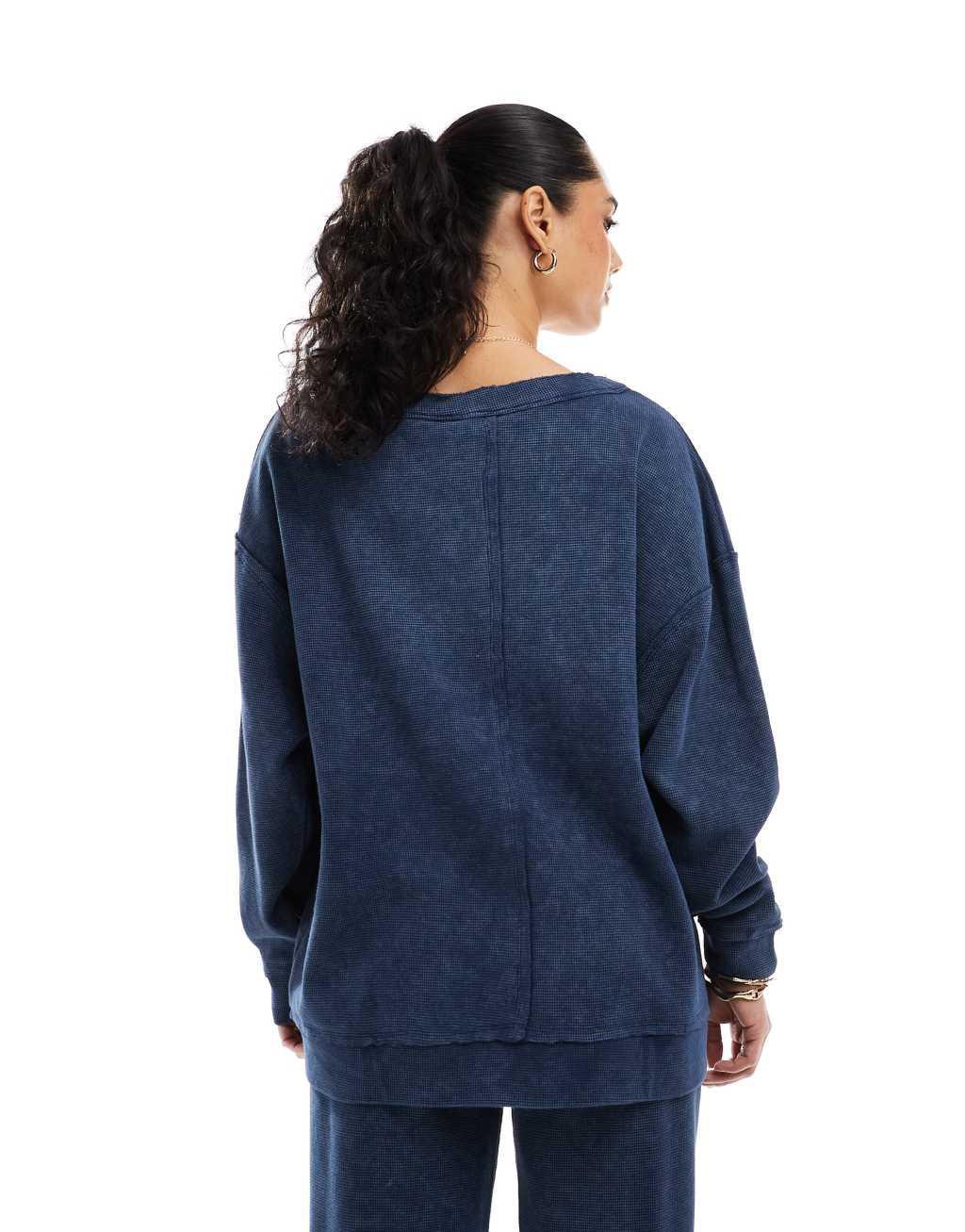 ASOS DESIGN waffle knit oversized off the shoulder v neck sweatshirt in washed navy - part of a set Product Image