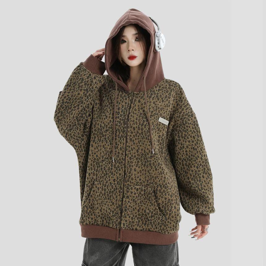 Leopard Print Zip-Up Hoodie Product Image