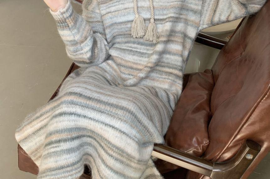 Long-Sleeve Striped Hooded Maxi Sweater Dress Product Image