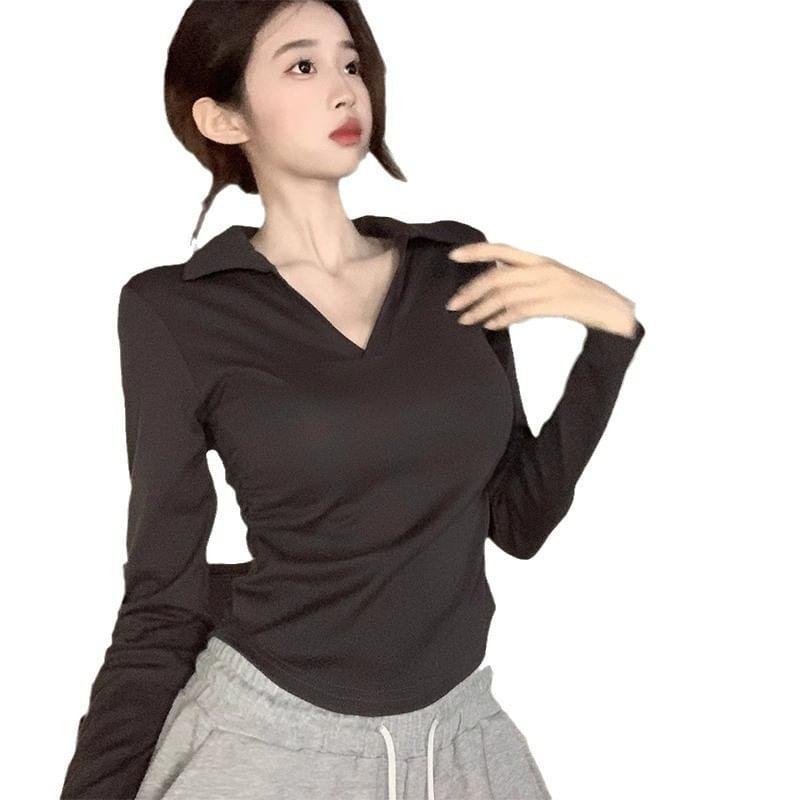 Long-Sleeve V-Neck Plain Polo Shirt Product Image