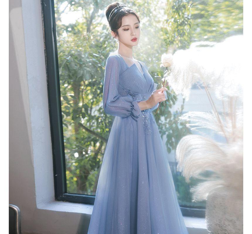 Bell-Sleeve Embellished A-Line Evening Gown Product Image