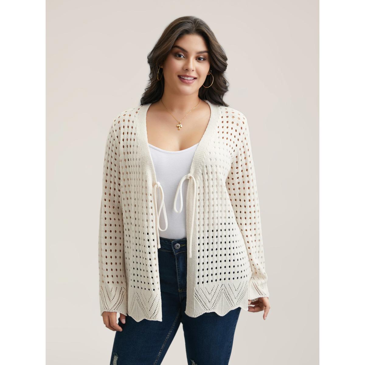 Plus Size Cut-Out Neck Tie Knit Cardigan Ivory Women Casual Loose Long Sleeve Everyday Cardigans BloomChic 22-24/3X Product Image