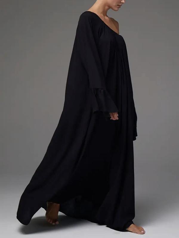 Flared Sleeves Loose Pleated Solid Color Split-Joint Round-Neck Maxi Dresses Product Image