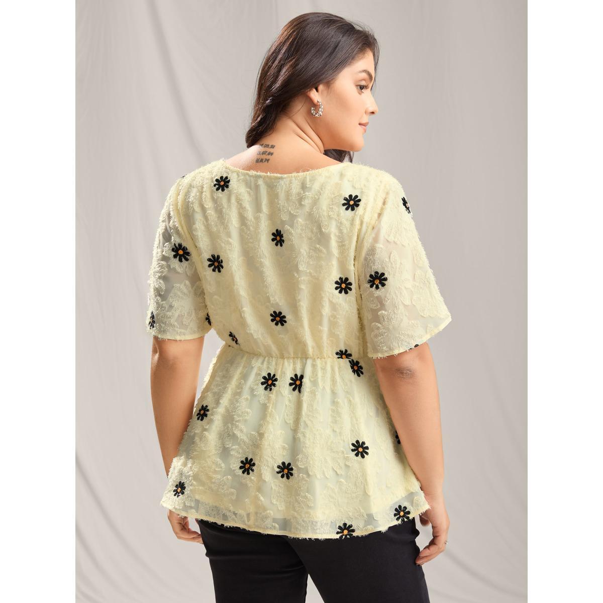 Plus Size Beige Textured Embroidery Surplice Belted Blouse Women Short sleeve Overlap Collar Everyday-Elegant Blouses BloomChic 26/4X Product Image