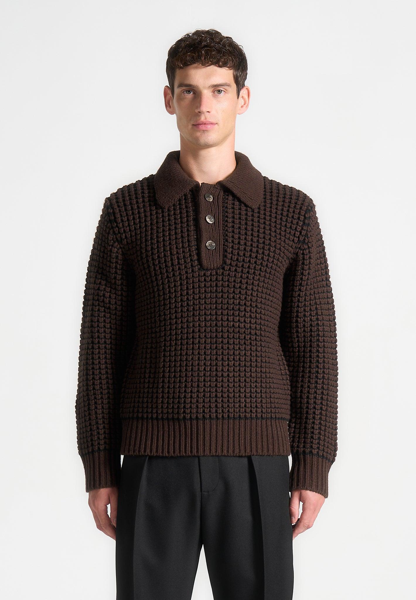 Textured Wool Knit Polo Jumper - Brown Male Product Image