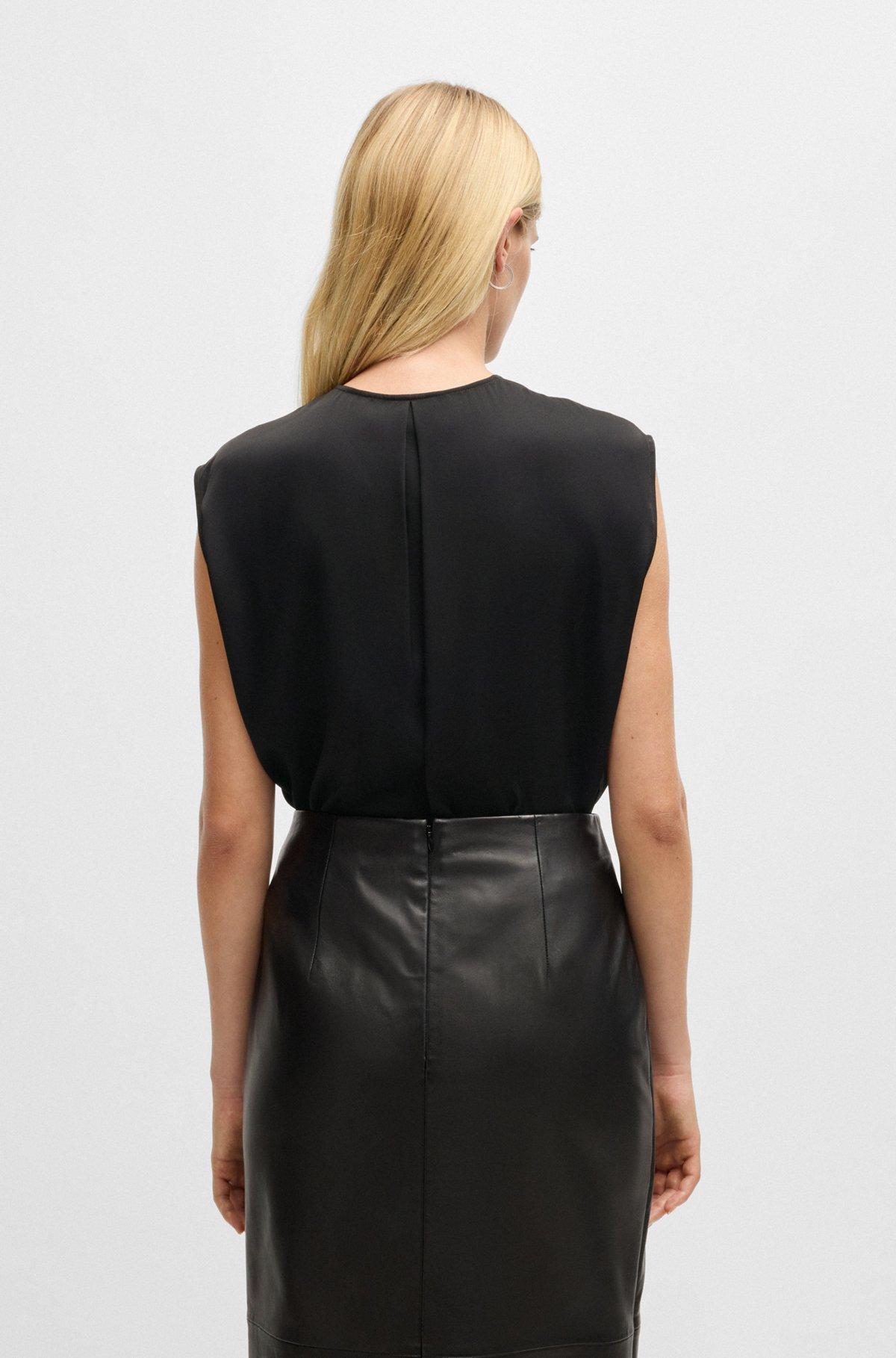 BOSS - Fitted sleeveless blouse in stretch silk with concealed placket - Black Product Image