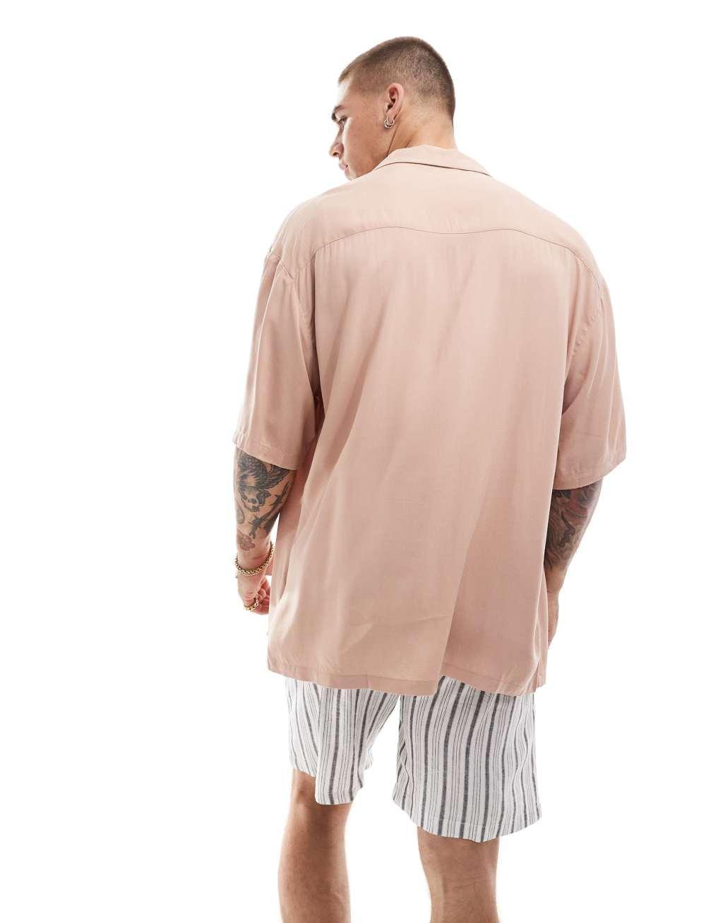 ASOS DESIGN 90s oversized fit viscose shirt with revere collar in dusty pink Product Image