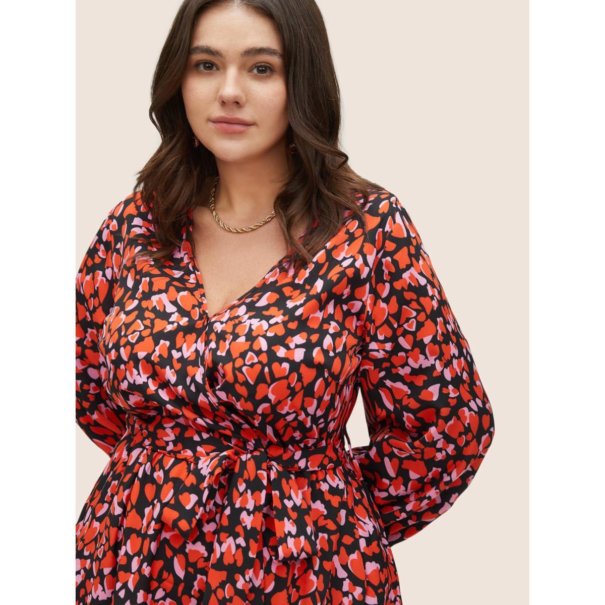 Plus Size Heart Allover Print Belted Surplice Neck Dress Black Women Elegant Wrap Overlap Collar Long Sleeve Curvy Midi Dress BloomChic 18-20/2X Product Image