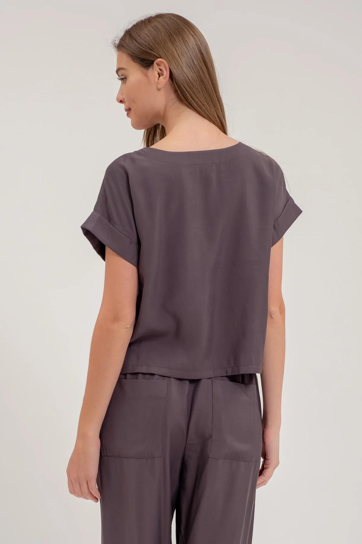 Solid Round Neck Short Cuff Sleeve Top Product Image