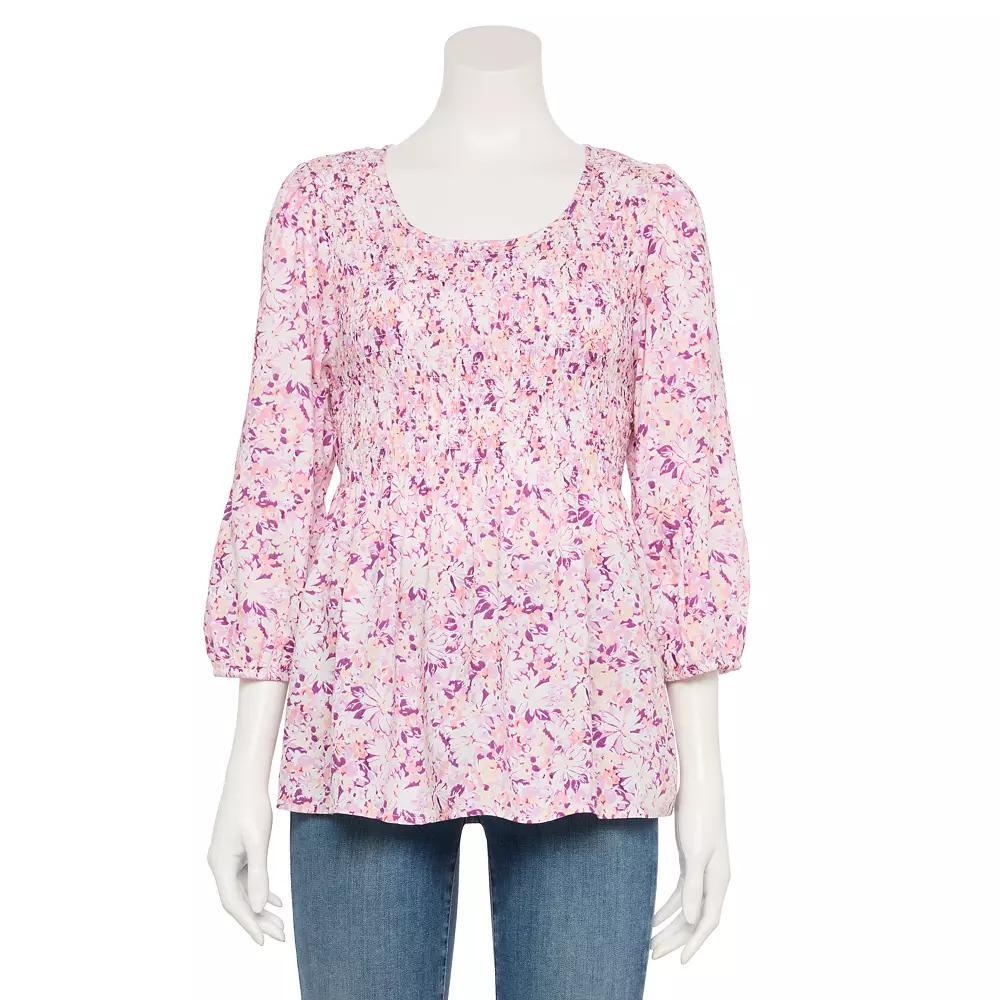 Women's Croft & Barrow® Three-Quarter Sleeve Smocked Blouse, Size: XS, Purple Team Floral Product Image