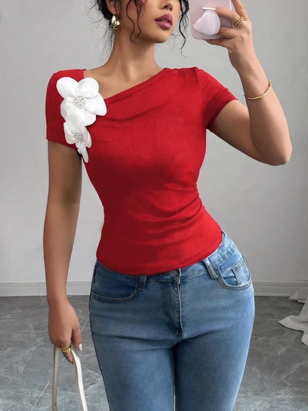 Short Sleeves Skinny Pleated Solid Color Three-Dimensional Flower Asymmetric Collar T-Shirts Tops Product Image