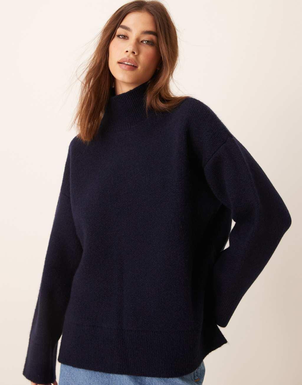 ASOS DESIGN knit high neck structured trapeze sweater in navy Product Image