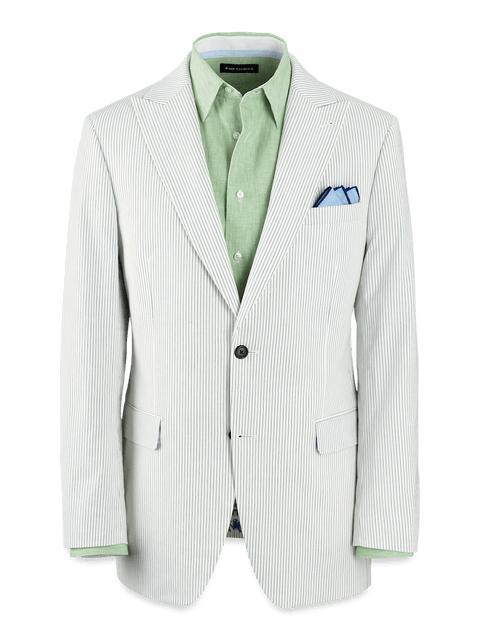 Cotton Stretch Stripe Seersucker Single Breasted Peak Lapel Suit Jacket - White/blue Product Image