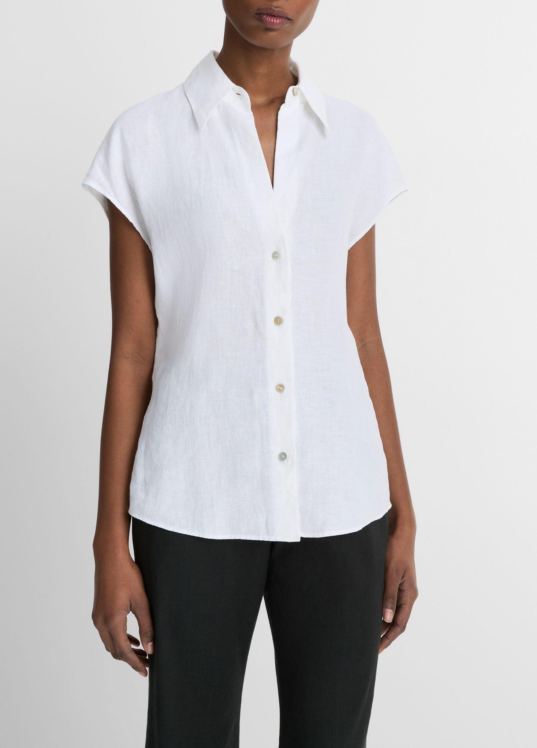 Linen Cap-Sleeve Button-Front Blouse Product Image