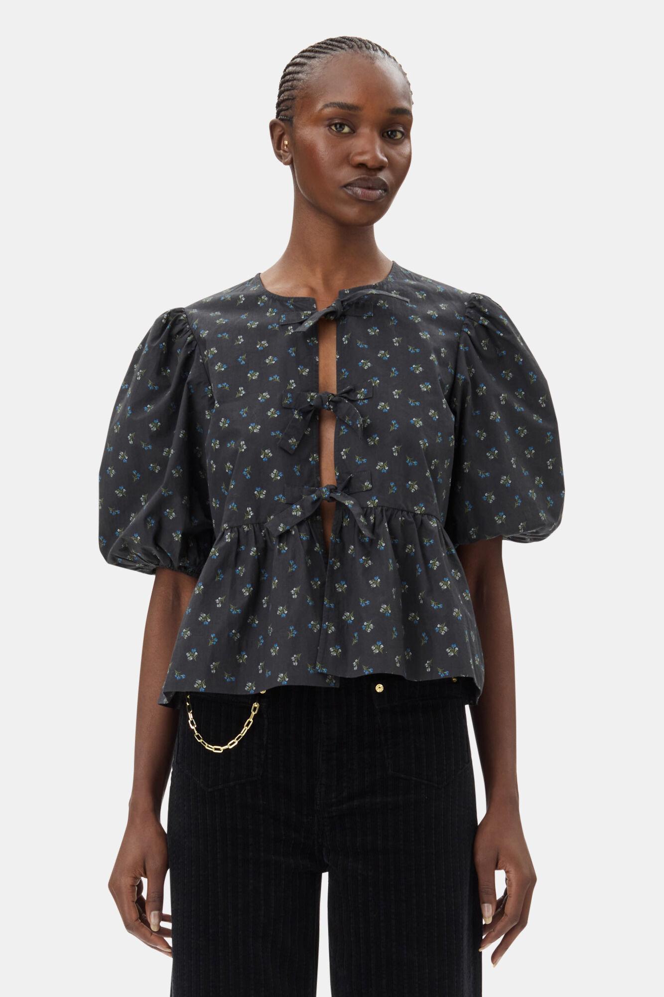 Black Printed Cotton Peplum Blouse Product Image