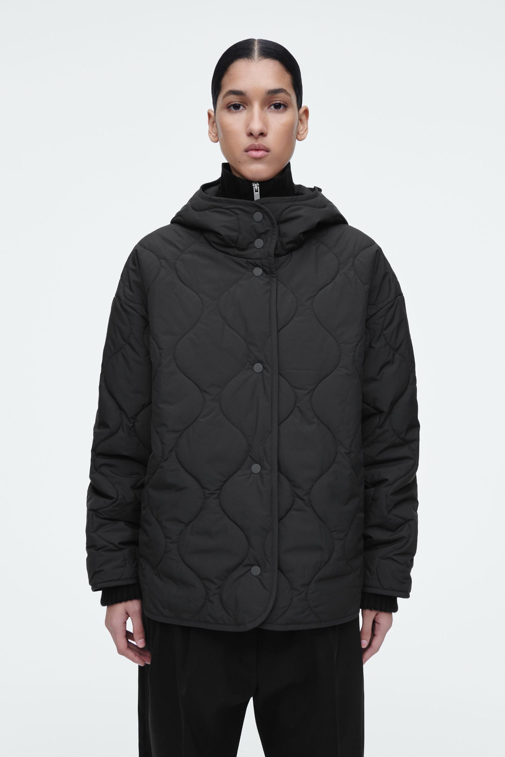 QUILTED HOODED FUNNEL-NECK JACKET Product Image