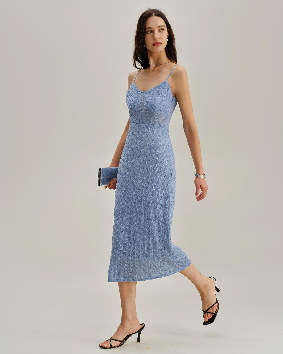 Blue Lace Slip Bodycon Midi Dress Product Image