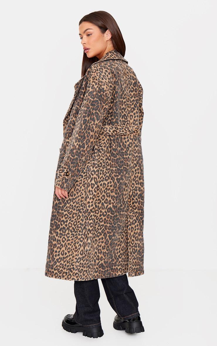 Brown Leopard Print Denim Trench Coat Product Image