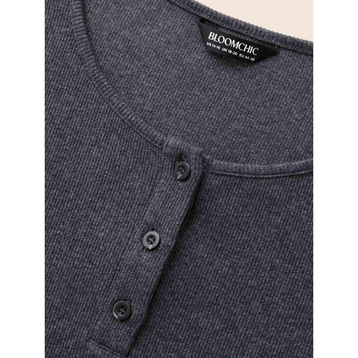 Plus Size Cotton Rib Knit Button Up T-shirt DimGray Women Casual Texture Round Neck Bodycon Everyday T-shirts BloomChic 10/M Product Image