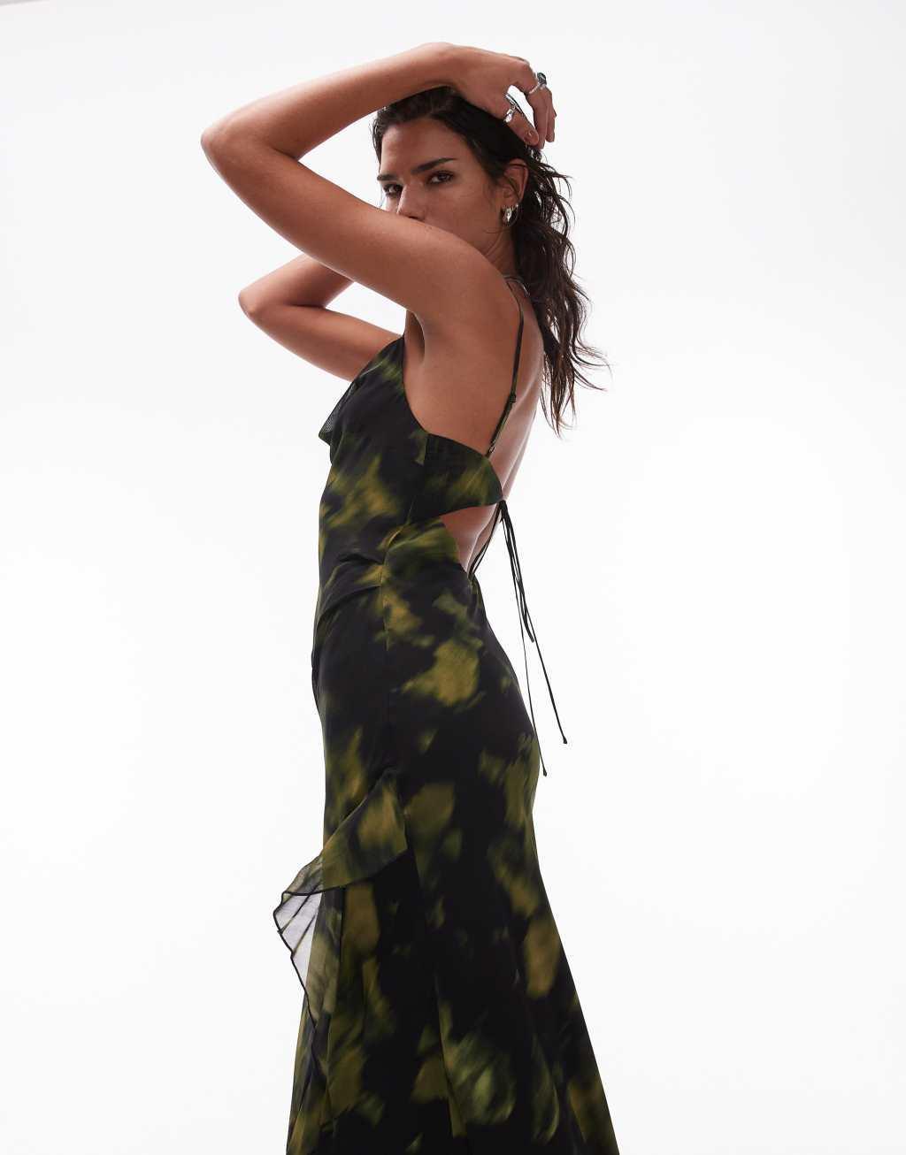 Topshop sheer drape midi dress in green blurred print Product Image