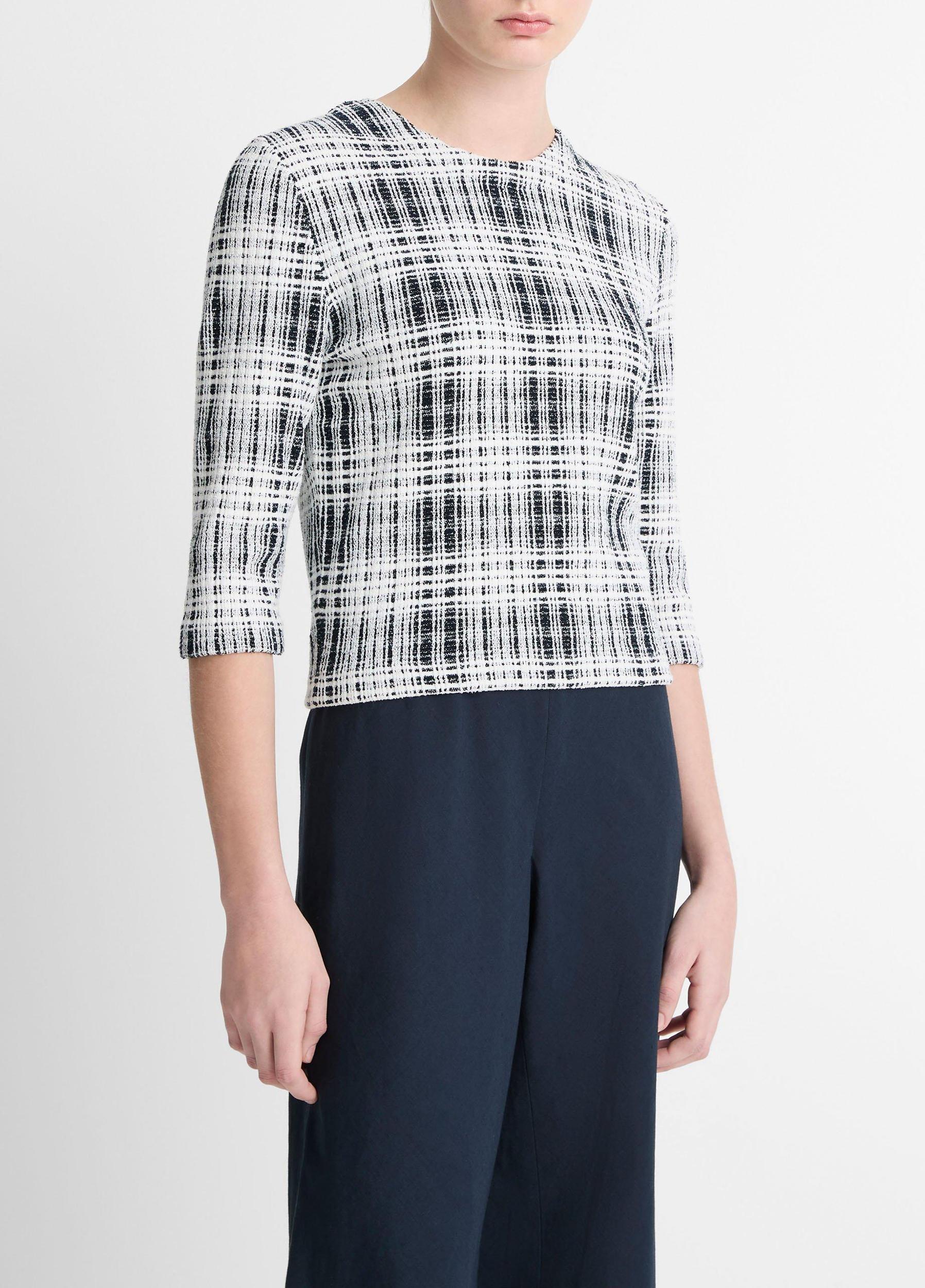 Bouclé Plaid Cotton-Blend Elbow-Sleeve Sweater Product Image