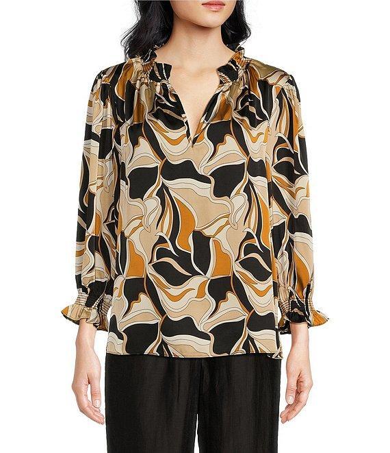 Sugarlips Matte Satin Abstract Print Split V-Neck 3/4 Sleeve Top Product Image